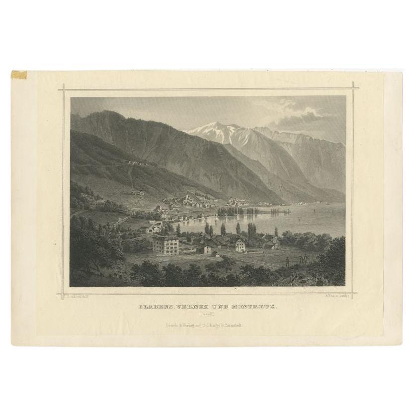 Antique Print of Clarens, Vernex and Montreux in France, c.1860