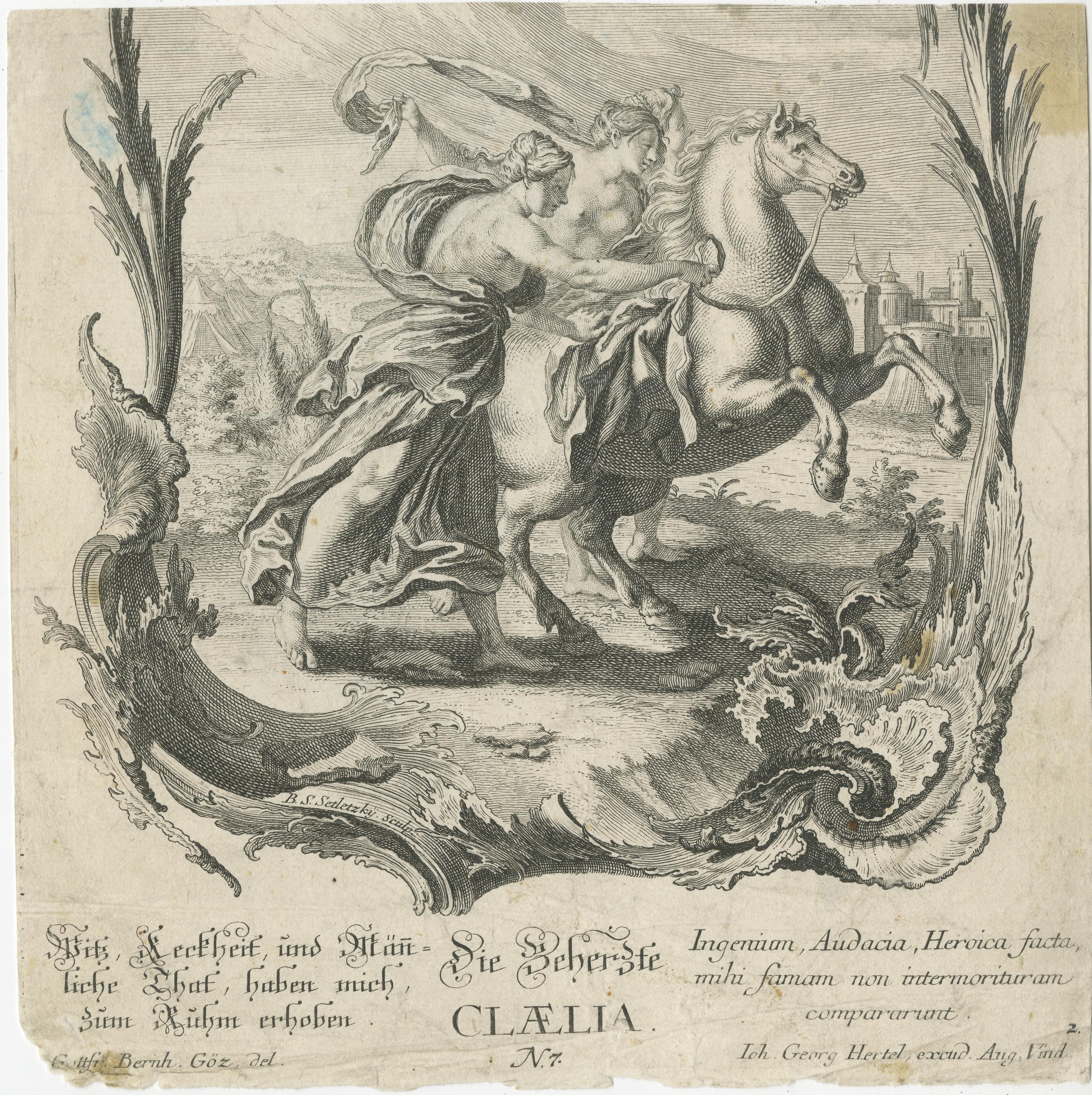 Antique print titled 'Die Beherzte Claelia'. Cloelia and two women standing with a horse along the Tiber. In the bottom margin twice a three-line text in German and Latin. Plate from a suite representing legendary and historical figures arranged as
