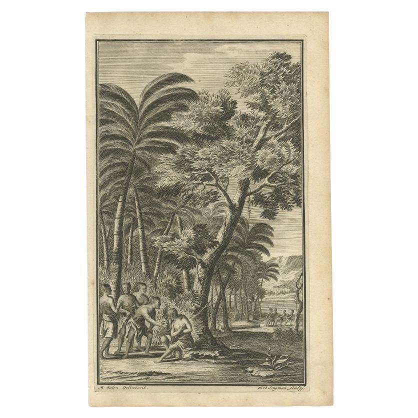 Untitled print of Commander de Graauw, sitting in the woods, only wearing a blanket. Explaining he needs help to stay alive. Text on verso. This print originates from 'Oud en Nieuw Oost-Indiën' by F. Valentijn.

Artists and Engravers: François