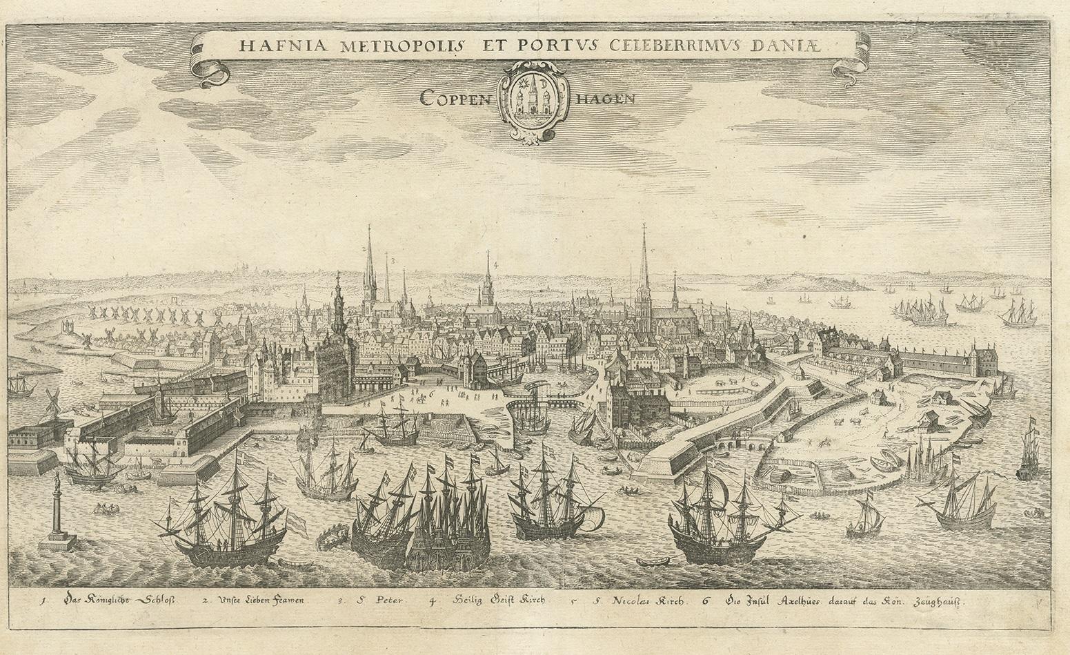 Antique print titled 'Hafnia Metropolis et Portus Celeberrimus Daniae - Coppenhagen'. View of Copenhagen, Denmark. This view is oriented from the harbor and depicts many important buildings of Copenhagen including the Royal Castle and St. Peter's