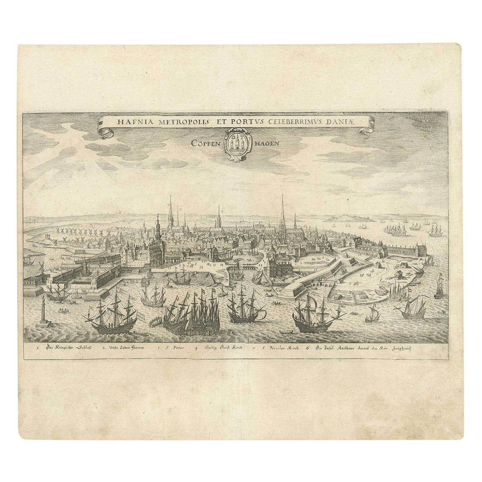 Antique Print of Copenhagen, Captial of Denmark,  '1638'