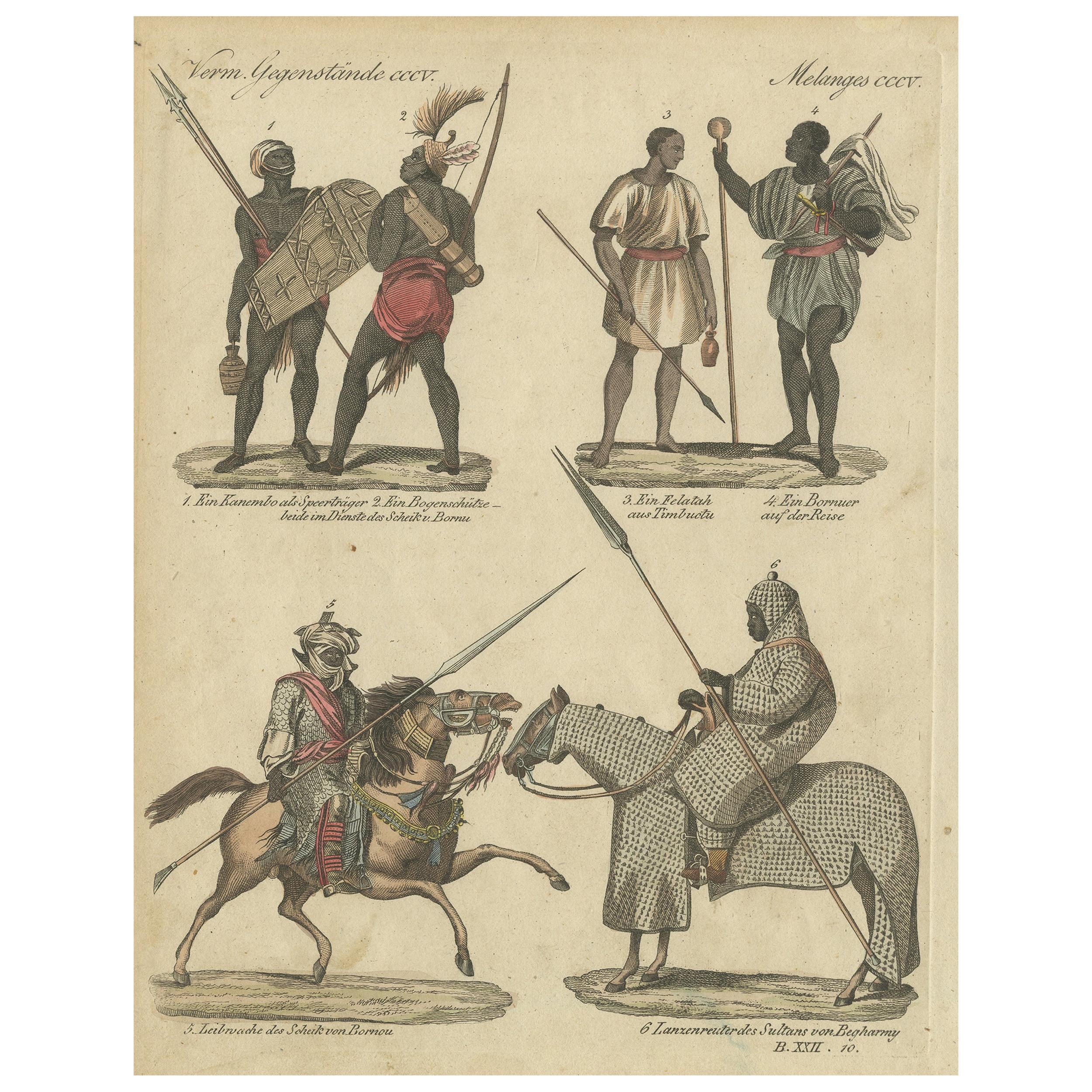 Impression ancienne de costumes d'Afrique par Bertuch, datant d'environ 1800
