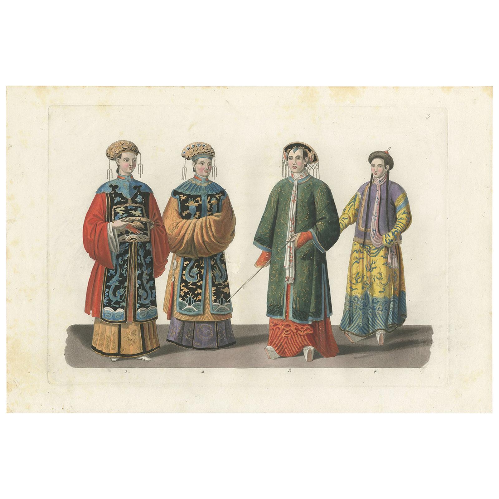 Antiker antiker Druck von Kostümen chinesischer Frauen von Ferrario '1831' im Angebot