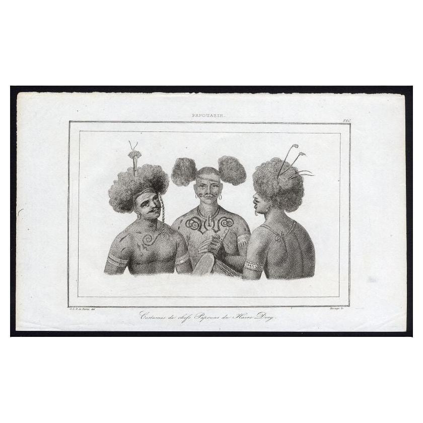Antique print titled 'Costumes de chefs Papouas du Havre Dory - 220, Papouasie'. Costumes of the Papua chiefs of Dory harbour (New Guinea), focusing on their head and upper body. This print originates from M.G.L. Domeny de Rienzi's 'Oceanie, ou