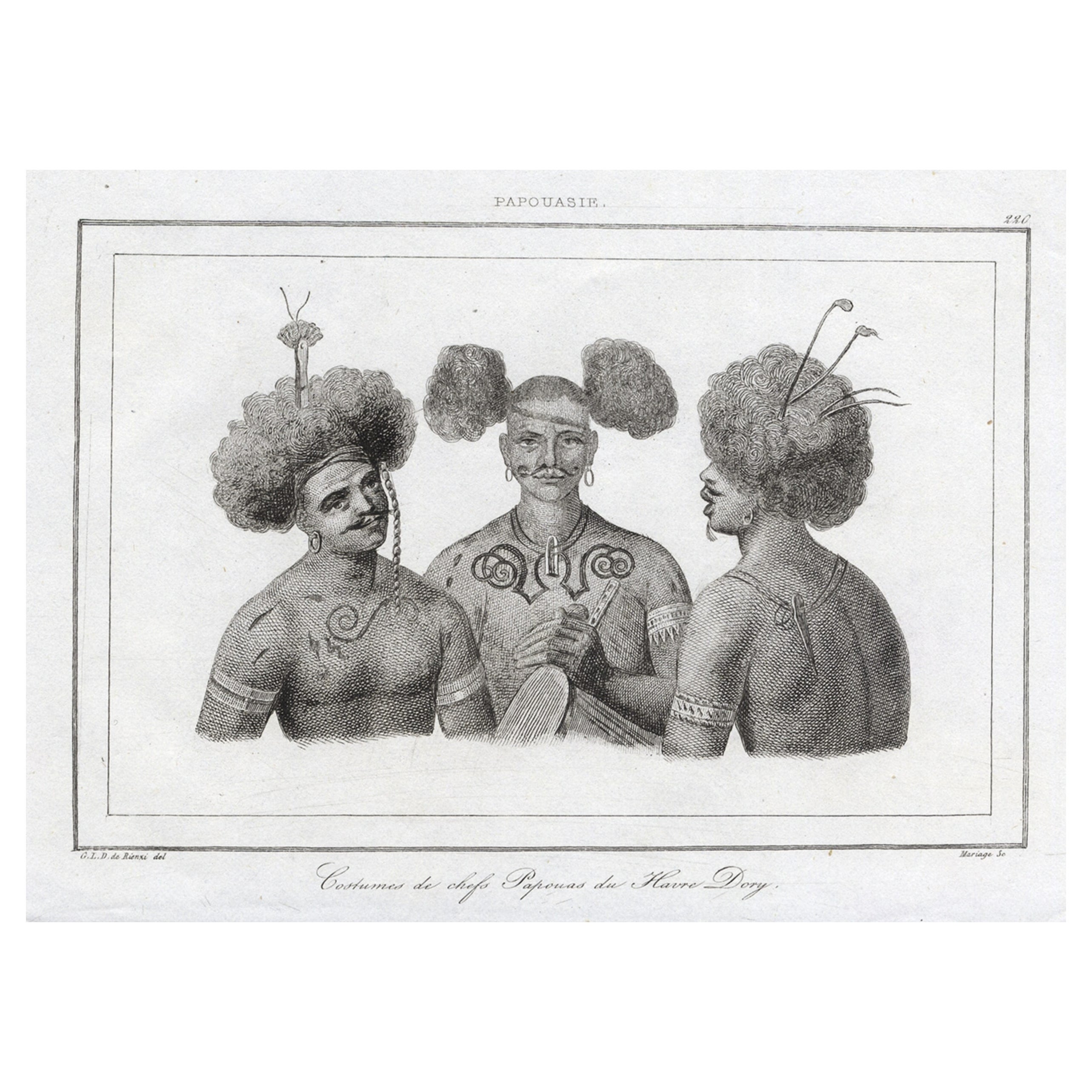 Antiker Druck von Kostümen der Papua- Chiefs, 1836