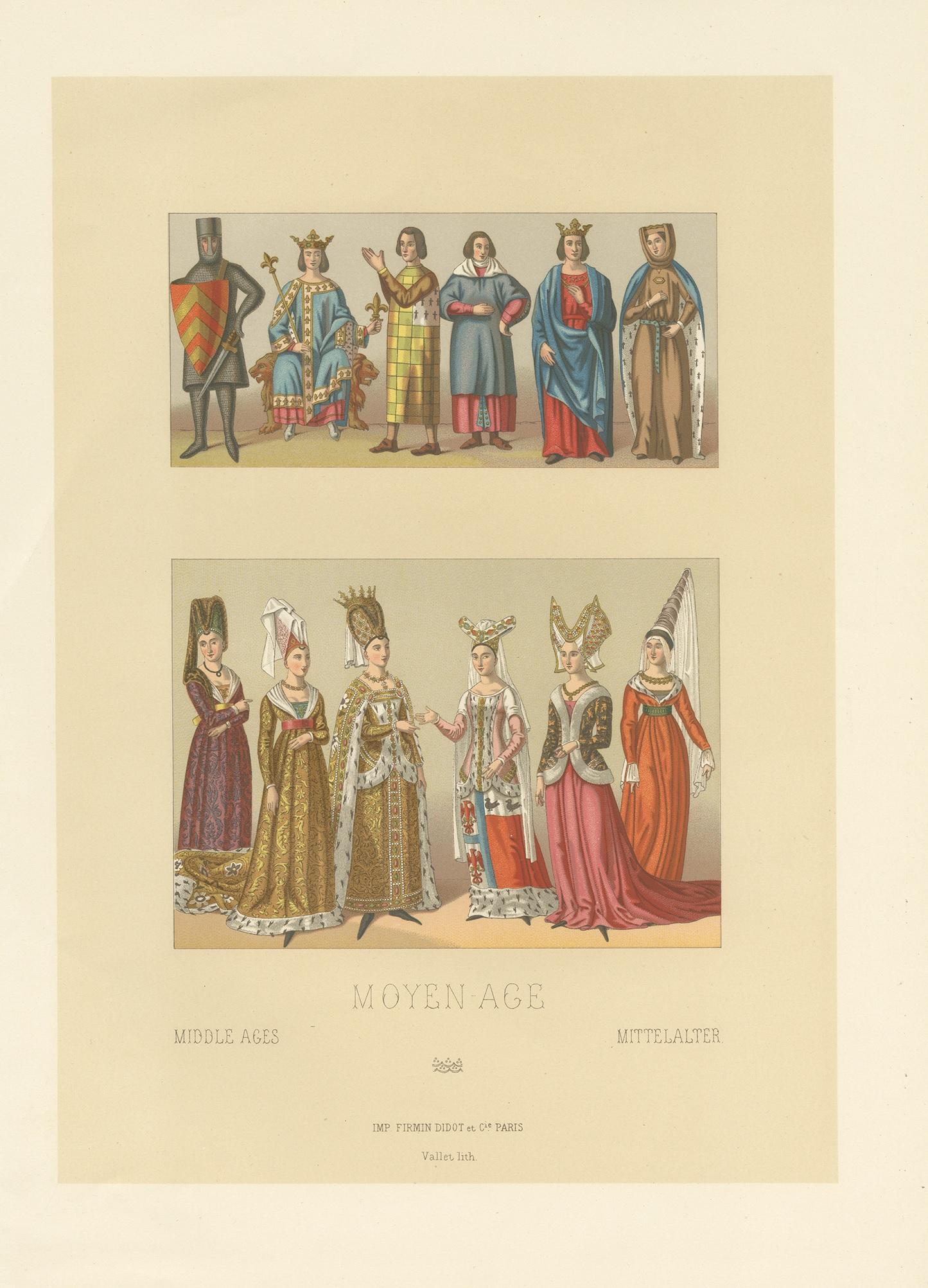 Antique print titled 'Moyen Age - Middle Ages- Mittelalter'. Chromolihograph of costumes of the Middle Ages. This print originates from 'Le Costume Historique' by A. Racinet. Lithographed by Vallet.