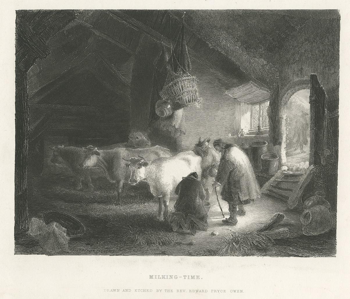 Antique print titled 'Milking-Time'. Steel engraving of the interior of a barn with light coming through a casement window and open door to right, where a man is watching a woman milk a cow, another man approaching with a jug, with two other cows