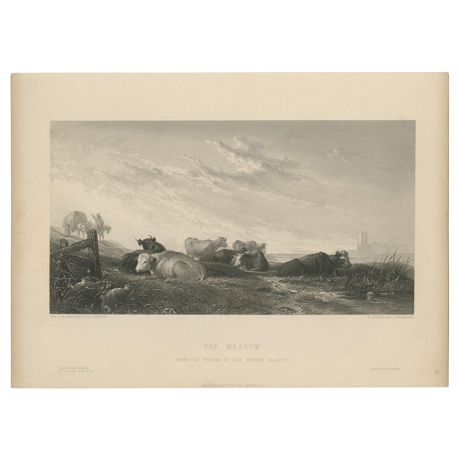 Antique Print of Cows in the Meadow by Brandard 'c.1850'