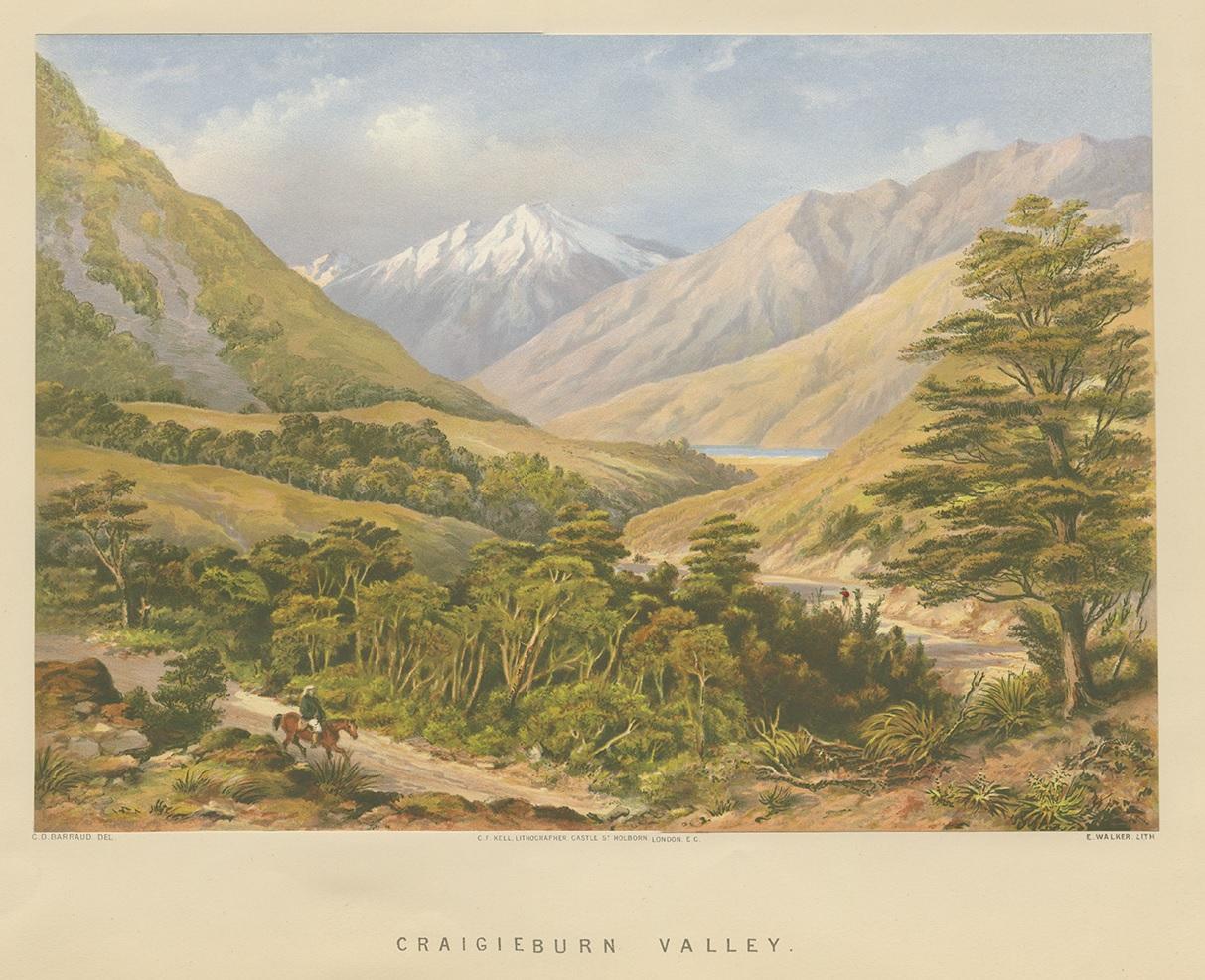 Antique print titled 'Craigieburn Valley'. View of Craigieburn Valley, New Zealand. Lithographed by E. Walker after a drawing by Barraud. This print originates from 'New Zealand: Graphic and Descriptive', circa 1877.
