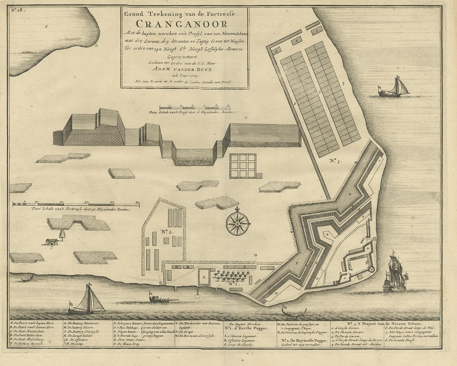Antiker Druck mit dem Titel 'Grond Teekening van de Fortresse Cranganoor (..)'. Das Cranganore Fort, auch bekannt als Kodungallur Fort, wurde 1523 von den Portugiesen erbaut. Die Niederländer nahmen sie 1661 in Besitz und sie gehörte der