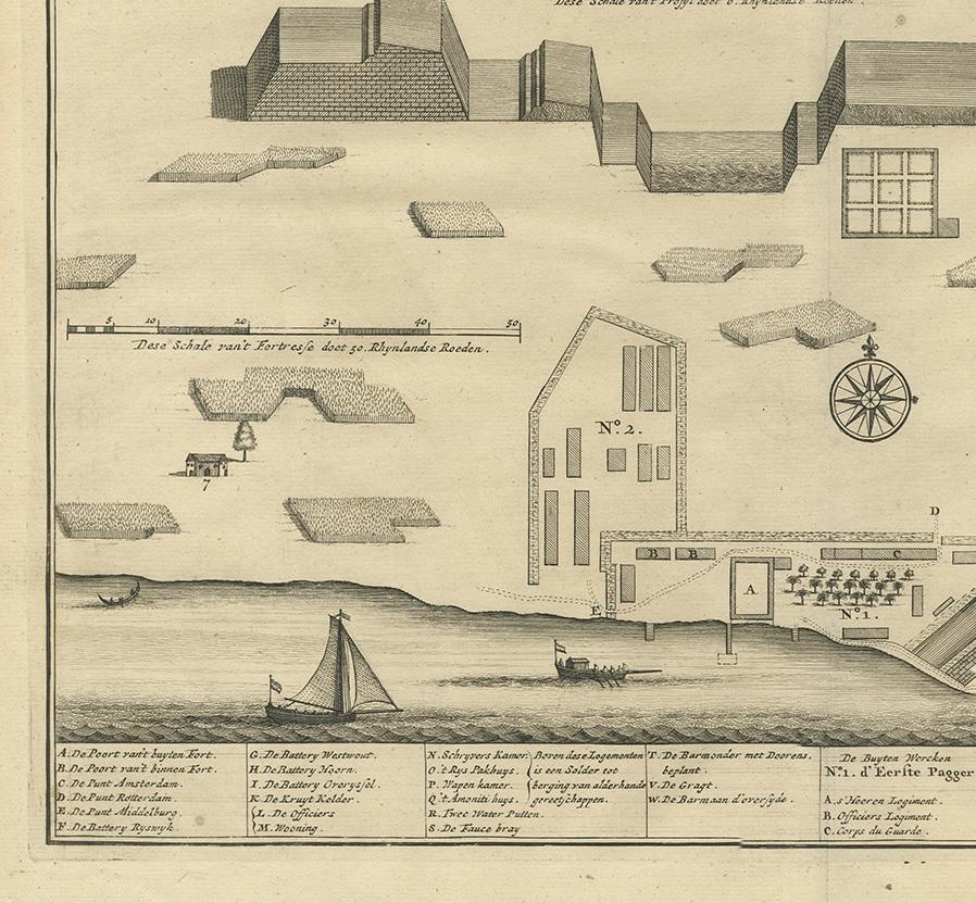 Inciso Stampa antica di Cranganore Fort, India di Valentijn, 1726 in vendita