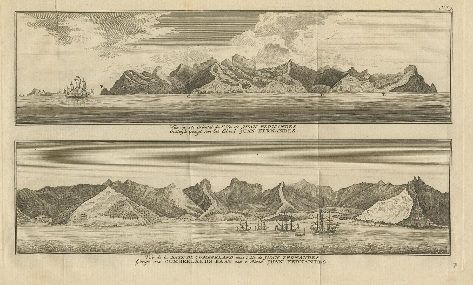 Antiker Druck mit dem Titel 'Vue du cote oriental de l'Ile de Juan Fernandes' vue de la Baye de Cumberland dans l'Ile de Juan Fernandes' Östliche Ansicht der Juan-Fernandez-Insel; Ansicht der Cumberland-Bucht auf der Juan-Fernandez-Insel. Dieser