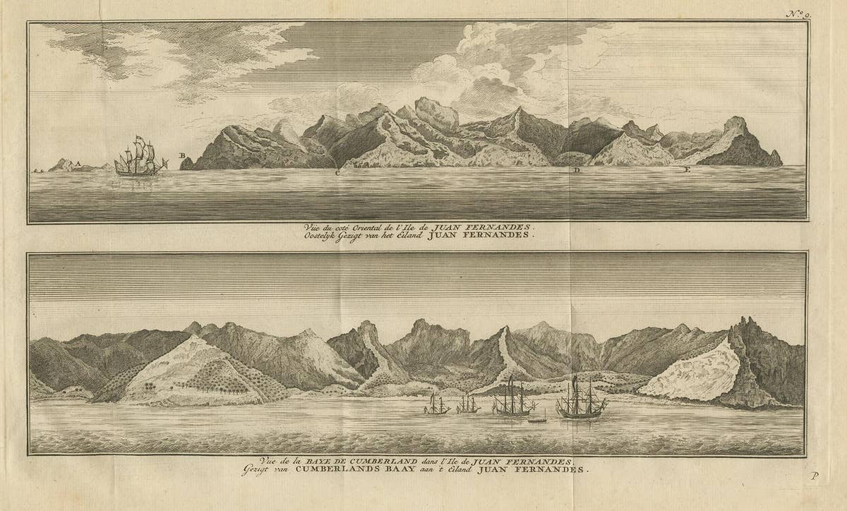 Antique Print of Cumberland Bay and Juan Fernandez Island by Anson, 1749