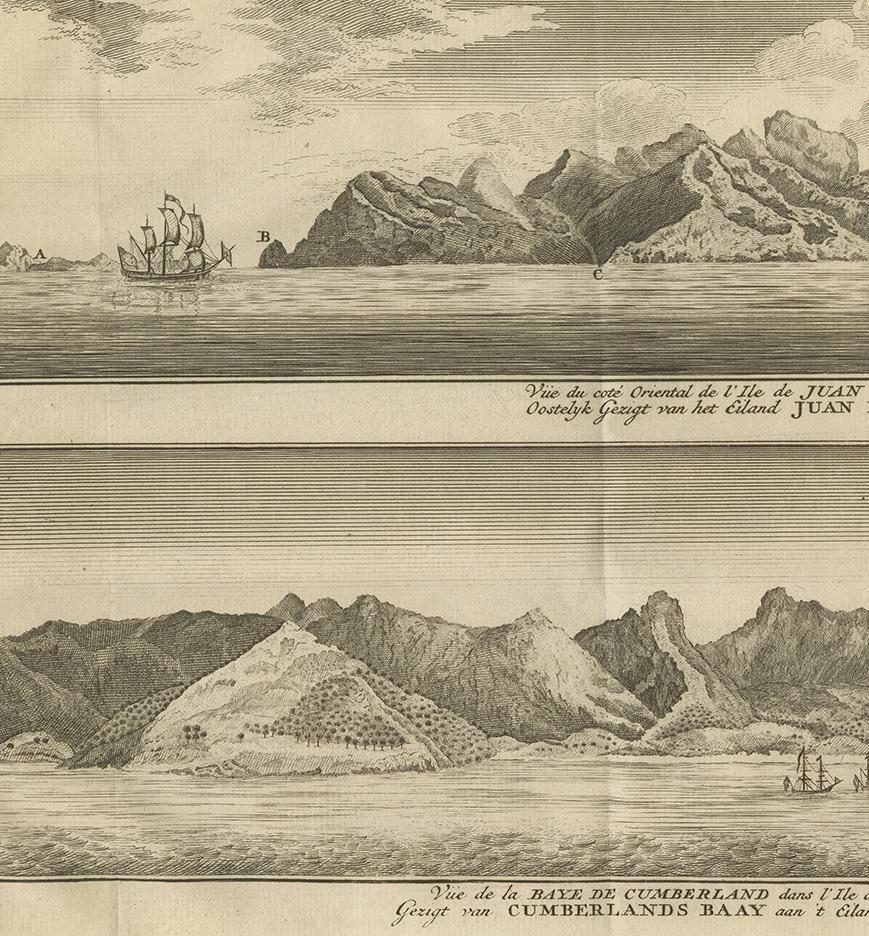 Antique Print of Cumberland Bay and Juan Fernandez Island by Anson, 1749 In Good Condition For Sale In Langweer, NL