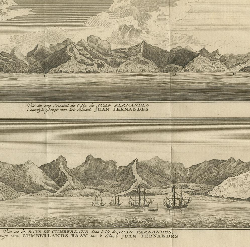 18th Century Antique Print of Cumberland Bay and Juan Fernandez Island by Anson, 1749 For Sale