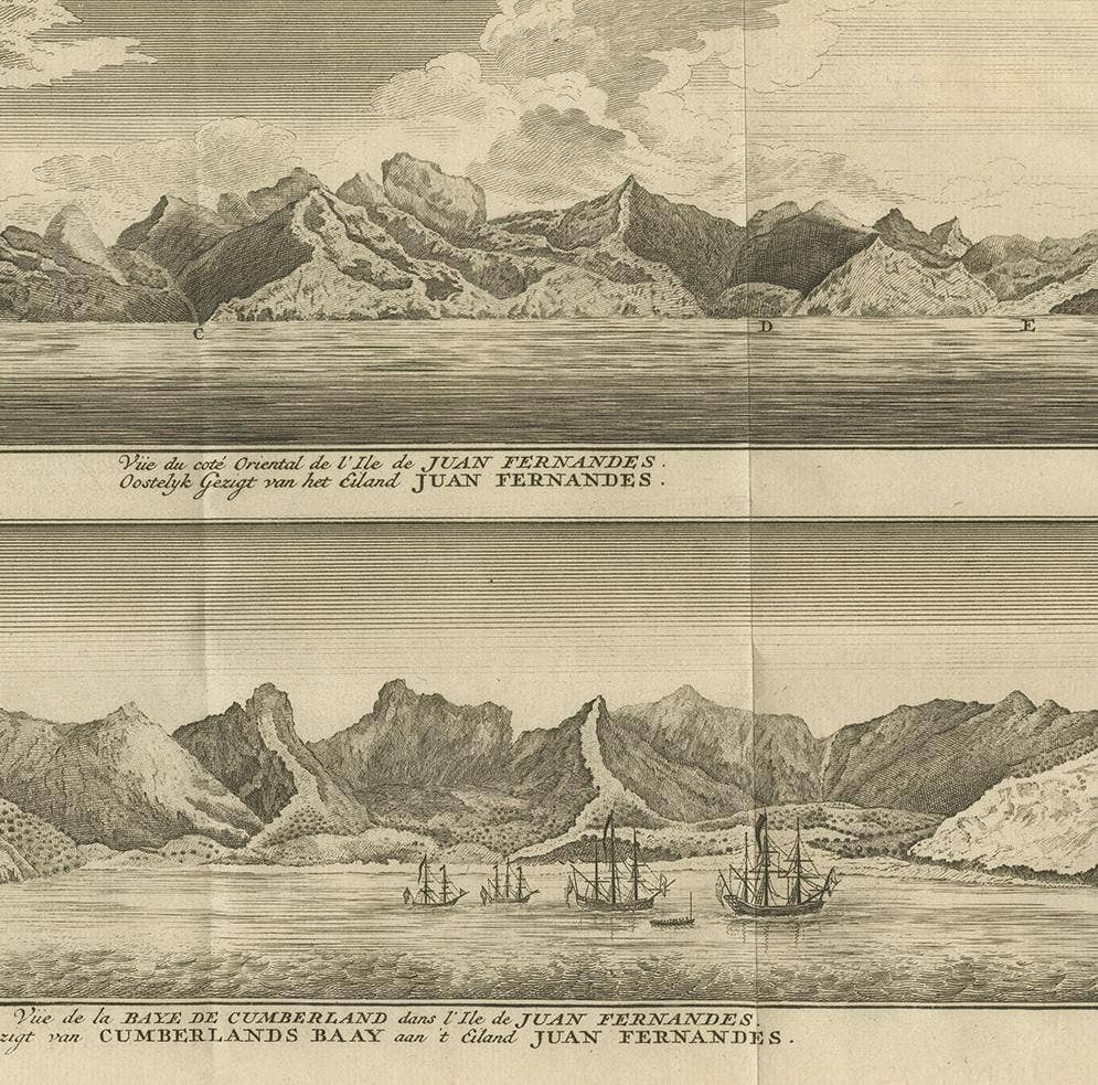 Antique Print of Cumberland Bay and Juan Fernandez Island by Anson, 1749