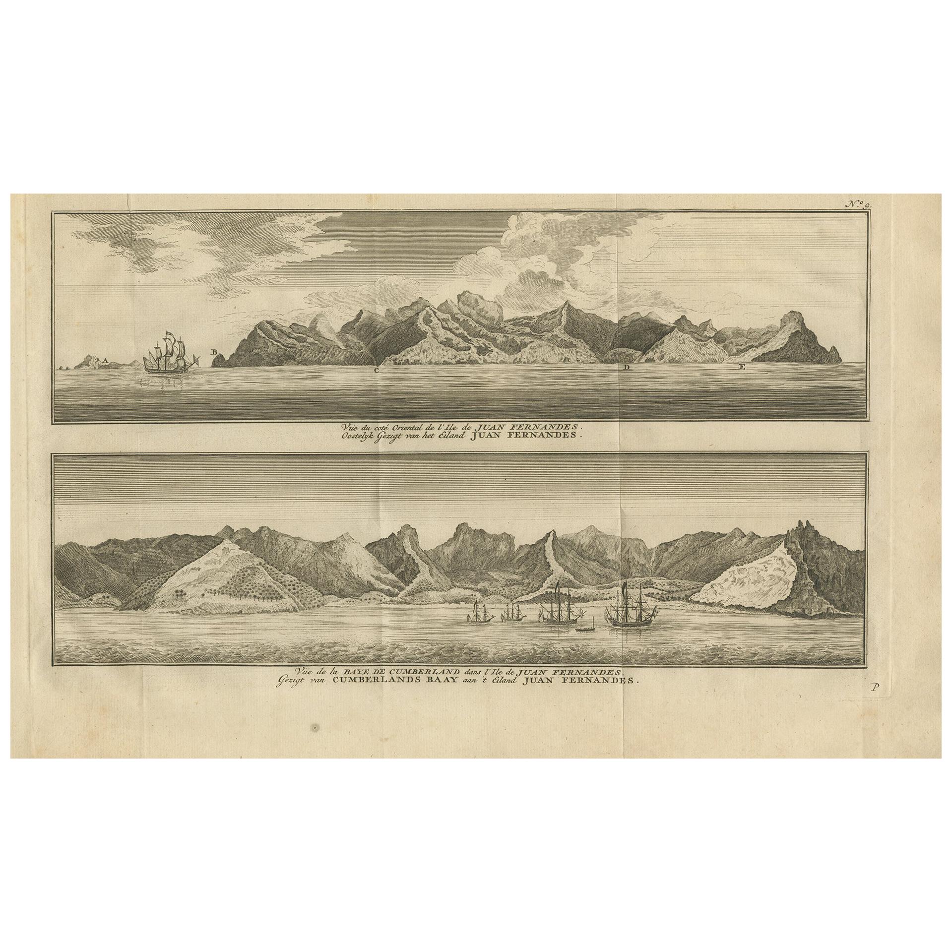 Antique Print of Cumberland Bay and Juan Fernandez Island by Anson, 1749 For Sale