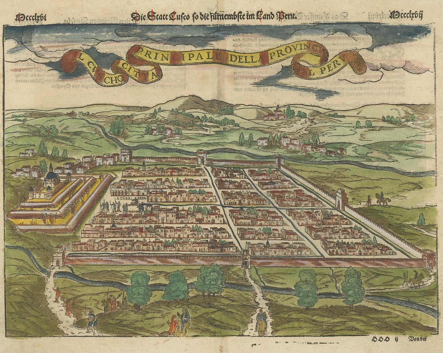 Antique print titled 'Die Statt Cusco so die furnemste in Landt Peru ist.' Bird's eye view of Cusco (or Cuzco), a city in Peru and the principal city of the region and province. This print originates from Sebastian Munster's 'Cosmographia,