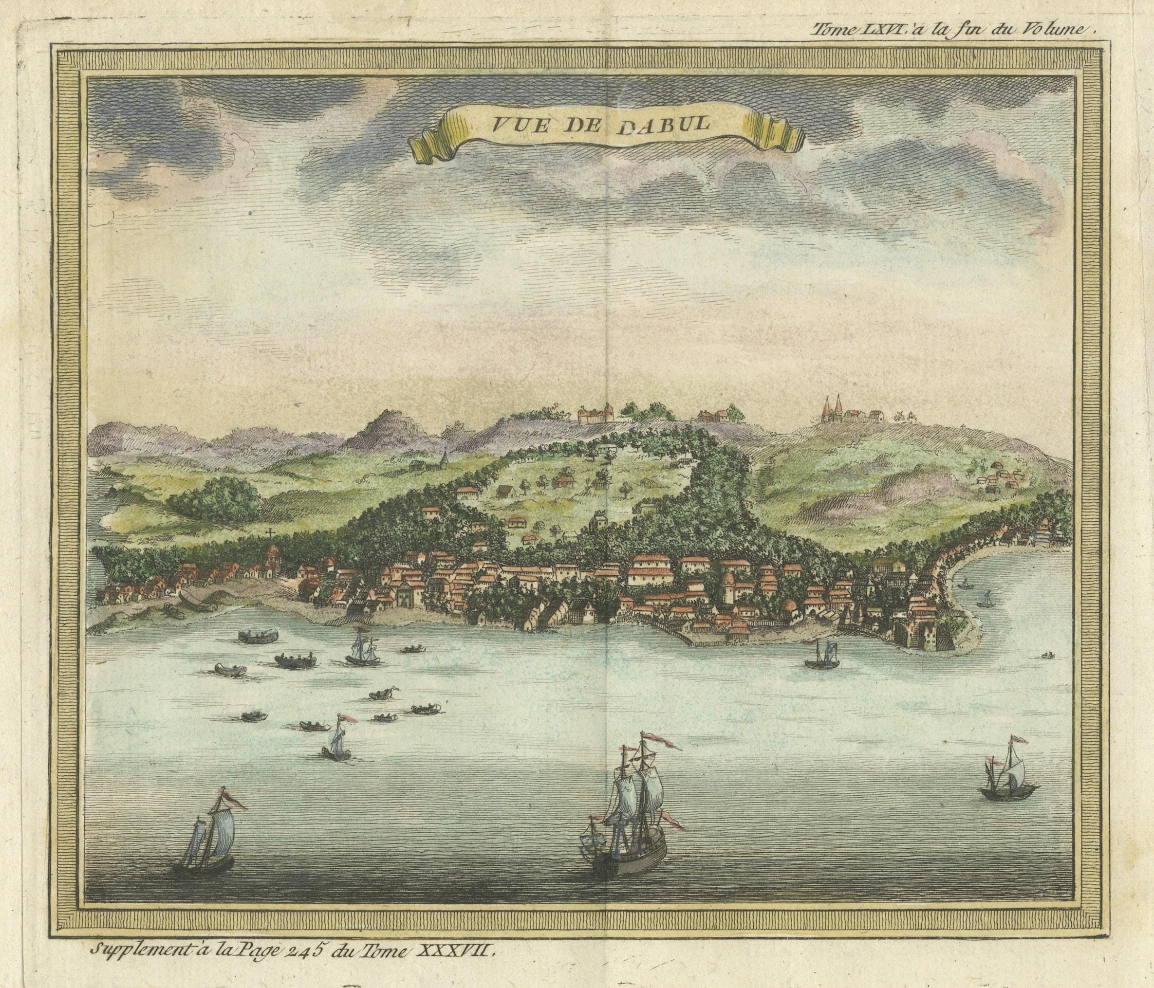 Antique print titled 'Vue de Dabul'. View of Dabhol, Ratnagiri district, Maharashtra, India. This print originates from 'Histoire générale des voyages, ou nouvelle collection de toutes les relations de voyages par mer et par terre. Tome 66: