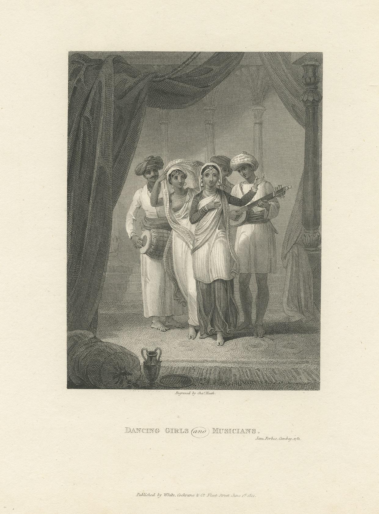 Antique print titled 'Dancing girls and musicians'. This print originates from an edition of 'Oriental Memoirs', a work in the form of a series of letters richly illustrated, describing various aspects of nature, people and buildings he observed