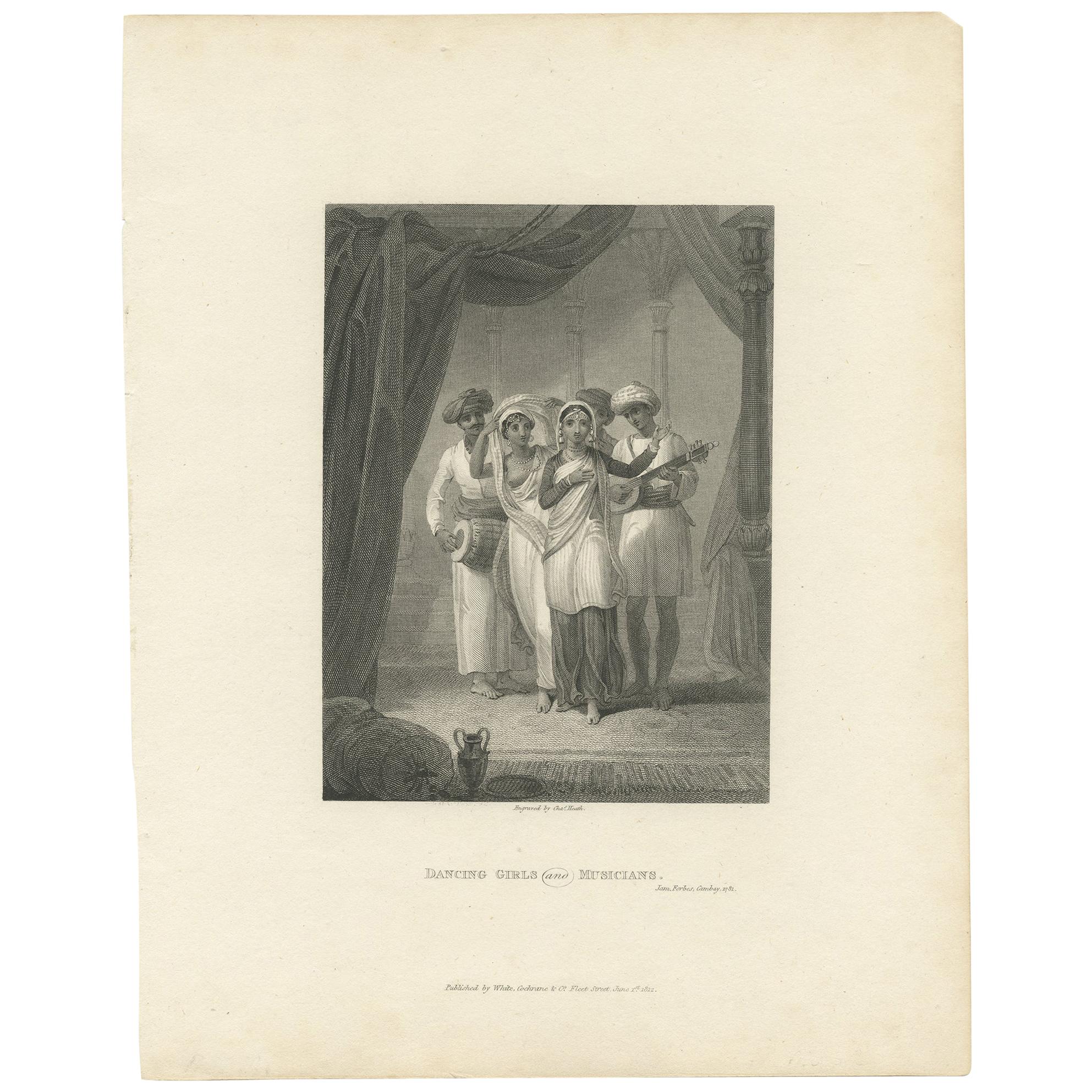 Antiker Druck von tanzenden Mädchen und Musikern von Heath, 1812