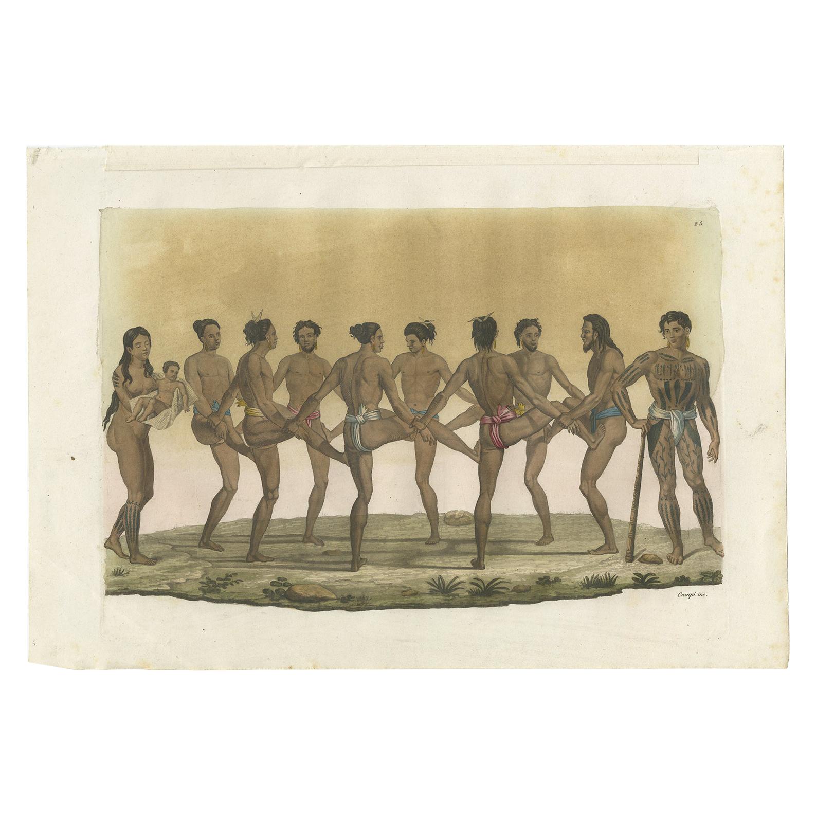 Impression ancienne d'habitants dansants des îles Caroline par Ferrario '1831'