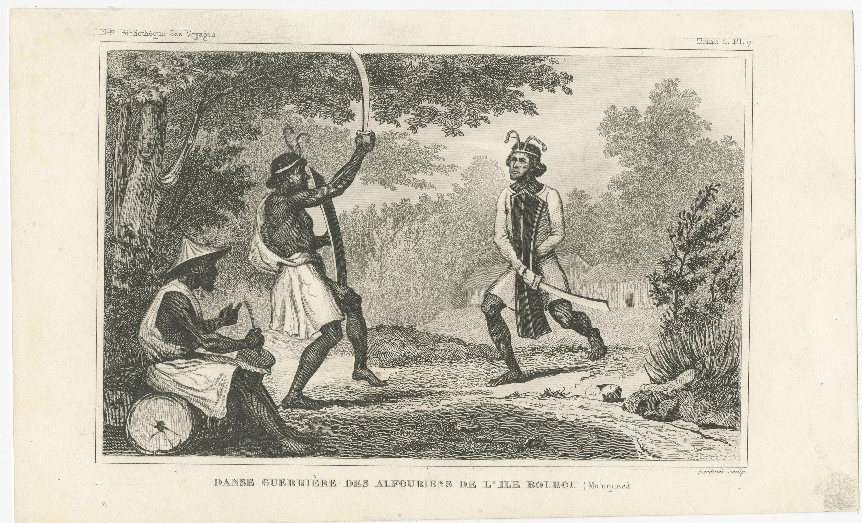 Antique print titled 'Danse Guerrière des Alfouriens de l'ile Bourou'. This print shows dancing warriors on Buru island, Maluku. Originates from 'Nouvelle Bibliotheque Des Voyages Anciens Et Modernes contenant la relation complète ou analysée des