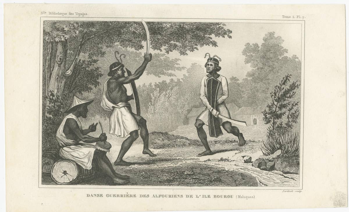 Antique Print of Dancing Warriors on Buru Island, Maluku