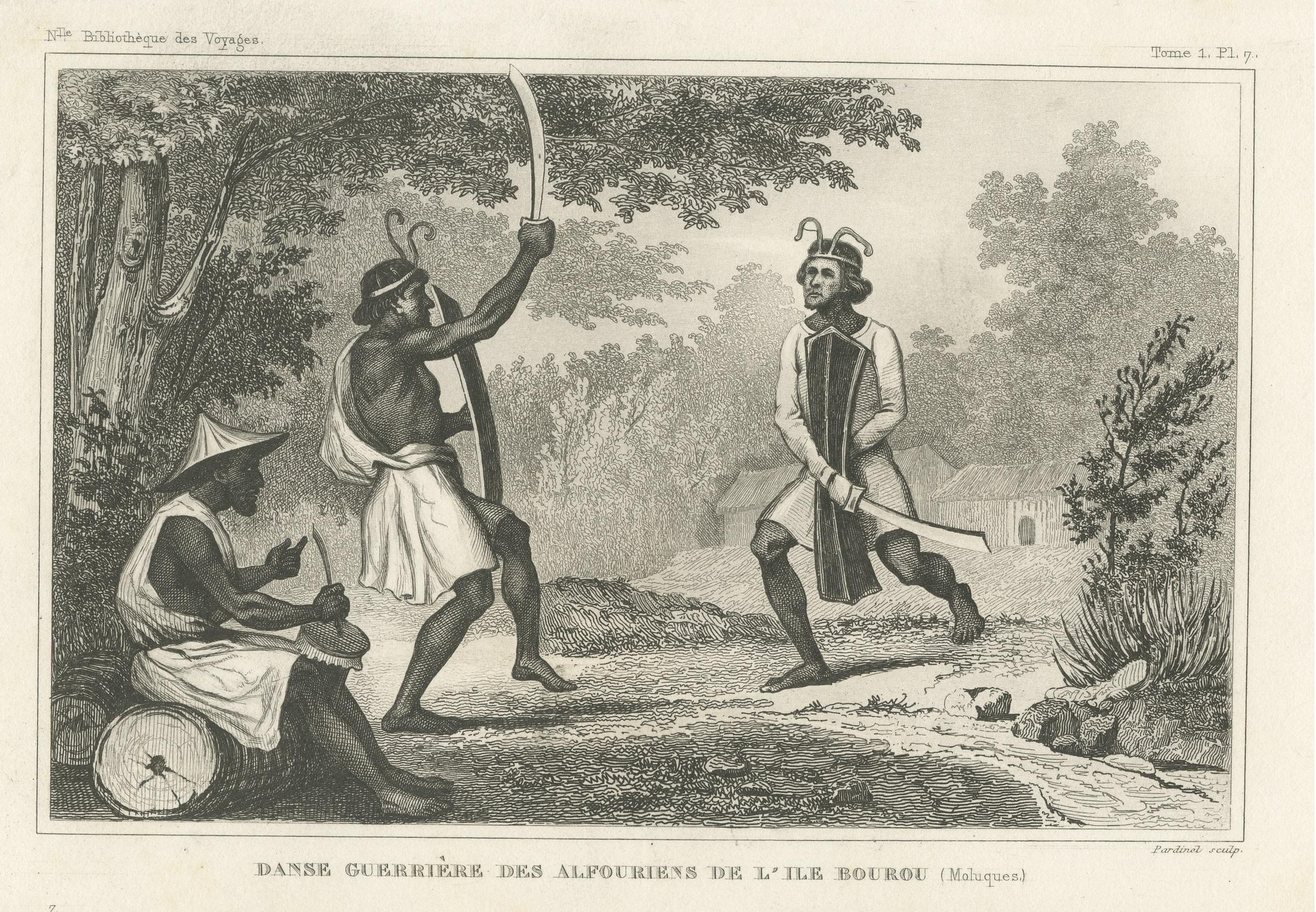 Grabado antiguo de Guerreros danzantes en la isla de Buru, Maluku en Bueno estado para la venta en Langweer, NL