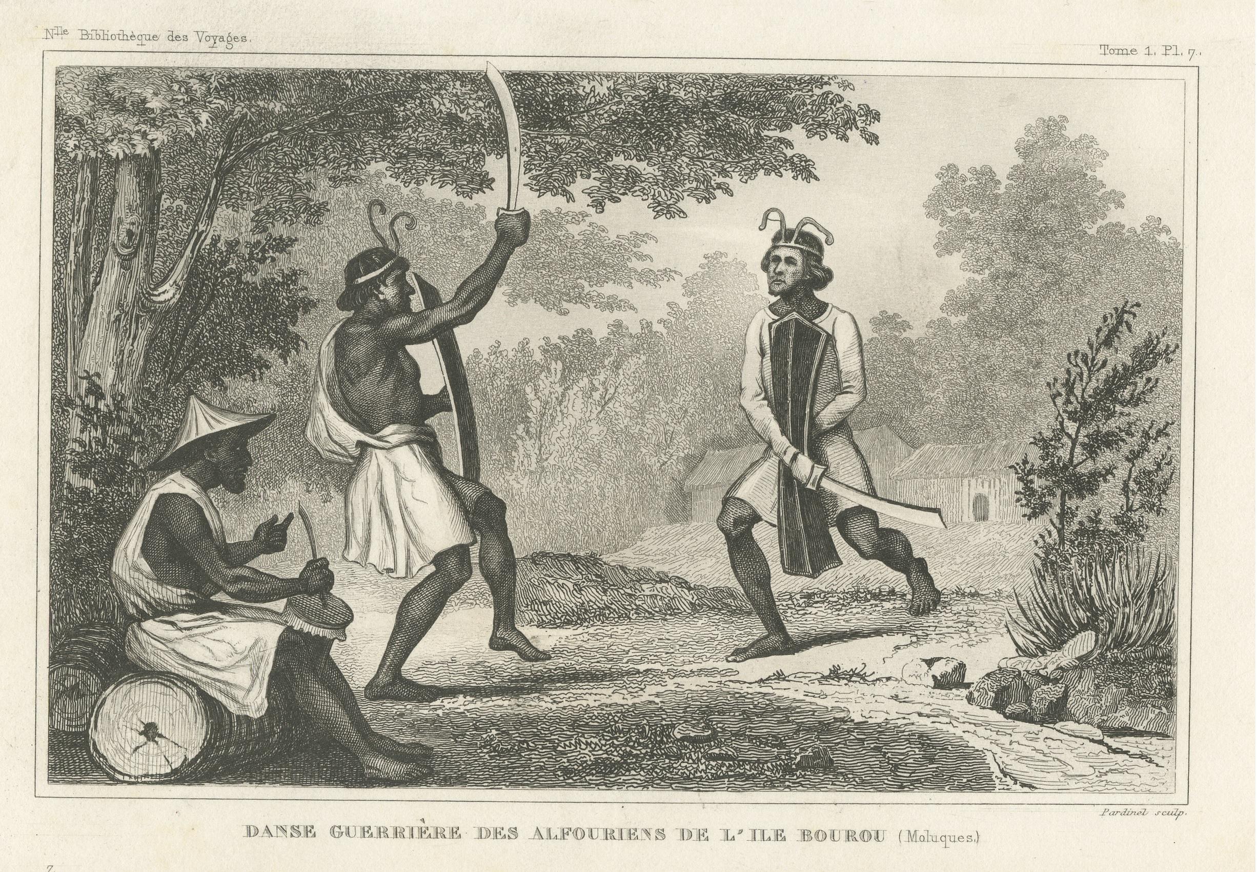 Antique Print of Dancing Warriors on Buru Island, Maluku In Good Condition For Sale In Langweer, NL