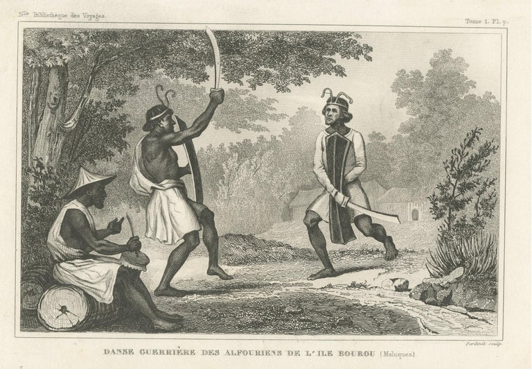 Stampa antica di guerrieri danzanti sull'isola di Buru, Maluku in vendita  su 1stDibs