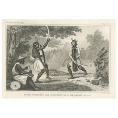 Antiker Druck von tanzenden Kriegern auf Buru-Insel, Maluku