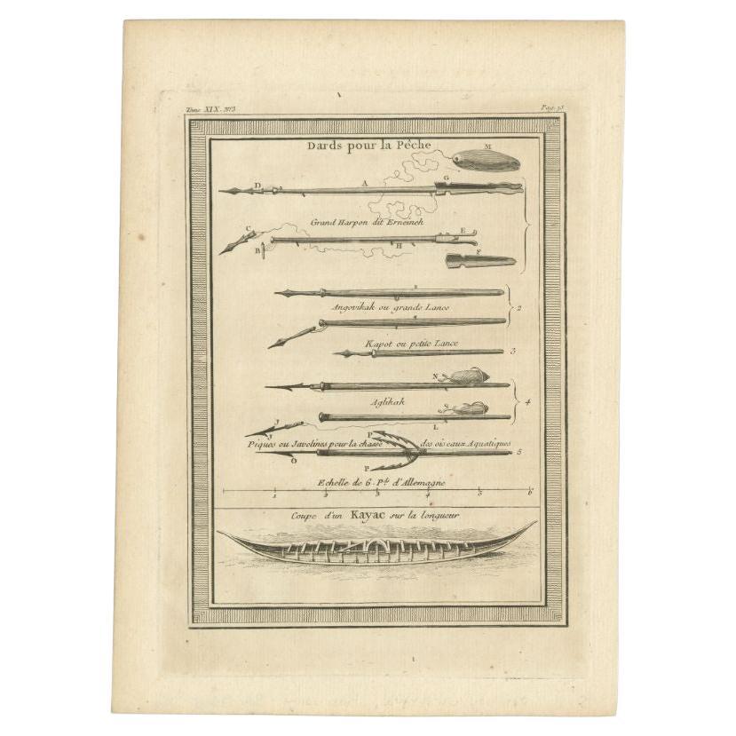 Antique print titled 'Dards pour la Pêche (..)'. Copper engraving of darts for fishing and a kayak. This print originates from volume 18 of 'Histoire generale des voyages (..)' by Antoine Francois Prevost d'Exile.

Artists and engravers: Published