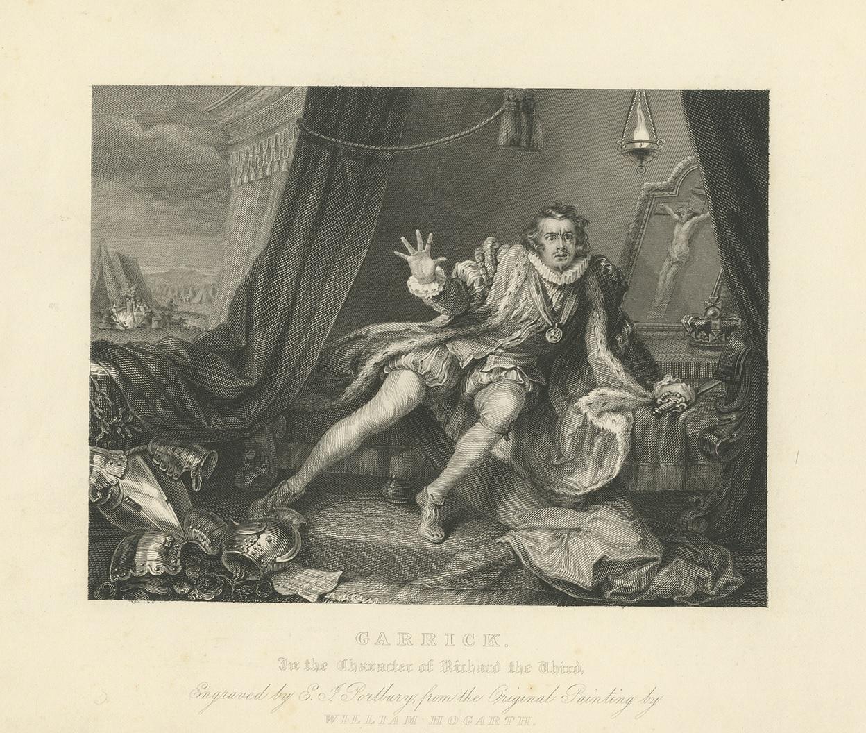 Antique print titled 'Garrick in the Character of Richard the Third'. Old print of David Garrick in the role of Richard III, made after a painting by William Hogarth. Hogarth represents his close friend, the actor David Garrick, as Richard III