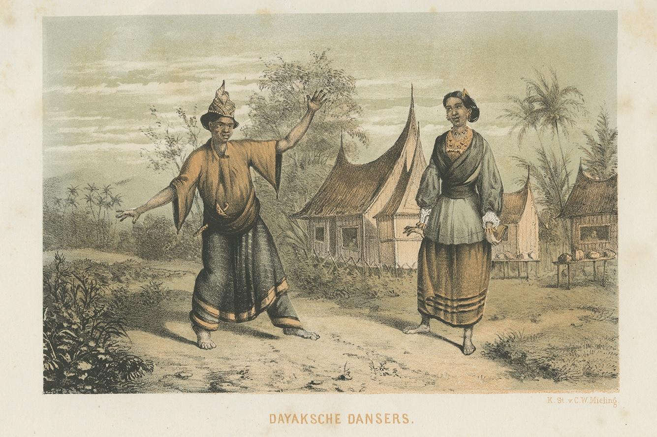 Antique print titled 'Dayaksche Dansers'. Lithograph of Dayak dancers, Borneo. This print originates from 'Neerlands-Oost-Indie; reizen over Java, Madura, Makasser' by Dr. S.A. Buddingh. Lithographed by Mieling.