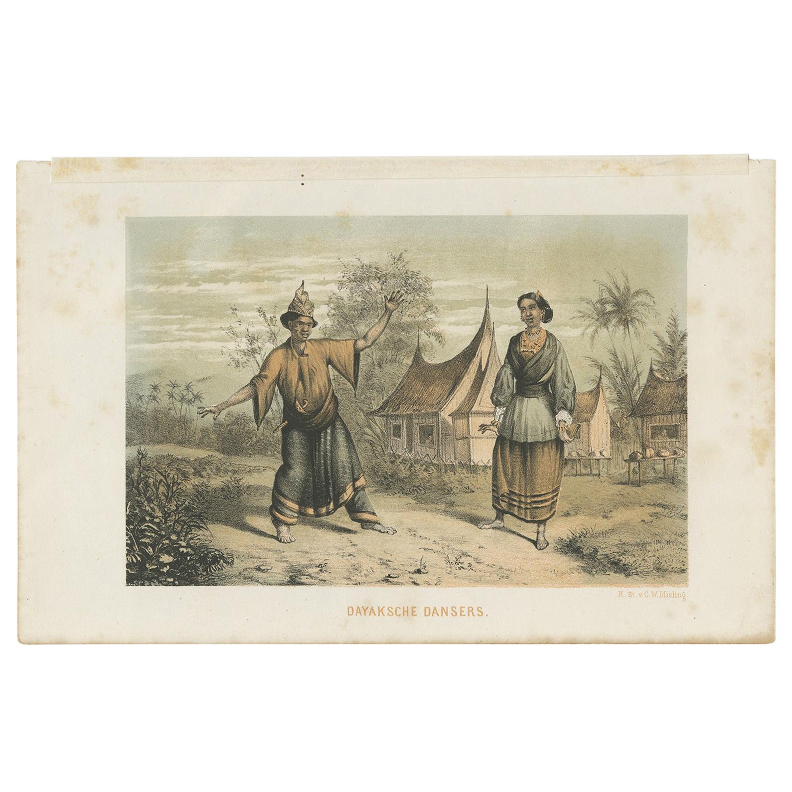Antique Print of Dayak Dancers of Borneo in Indonesia, 1861 For Sale
