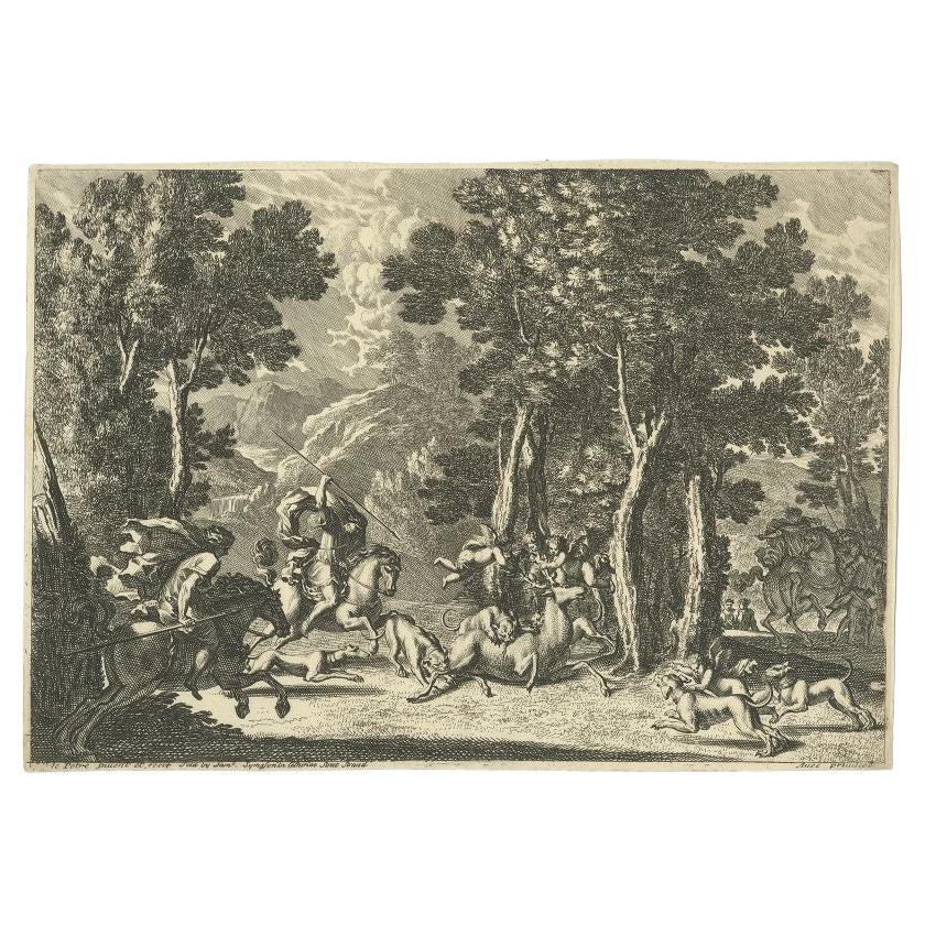 Antique Print of Deer Hunting, circa 1680