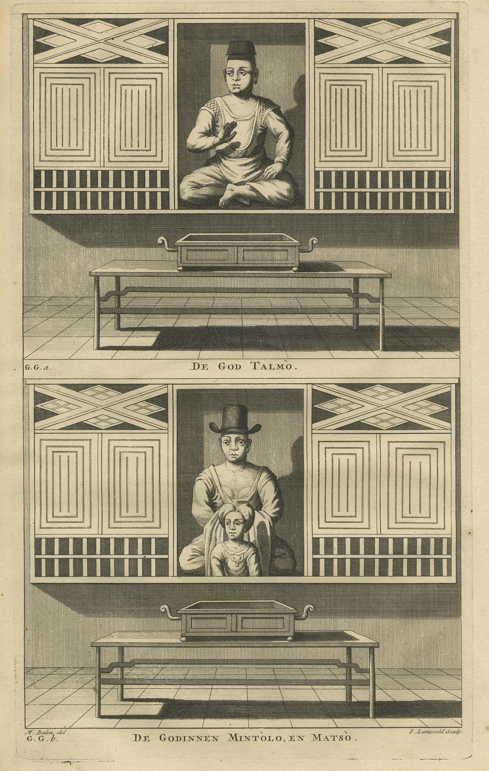 Antique print titled 'De God Talmo - De Godinnen Mintolo en Matso'. Copper engraving of a god and two female deities of Chinese Buddhism in Indonesia; Talmo and Mintolo, Matso/Mazu. This print originates from 'Oud en Nieuw Oost-Indiën' by F.