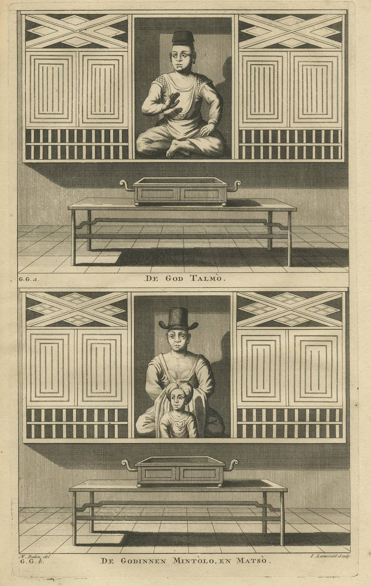 Antique Print of Deities of Chinese Buddhism by Valentijn, 1726