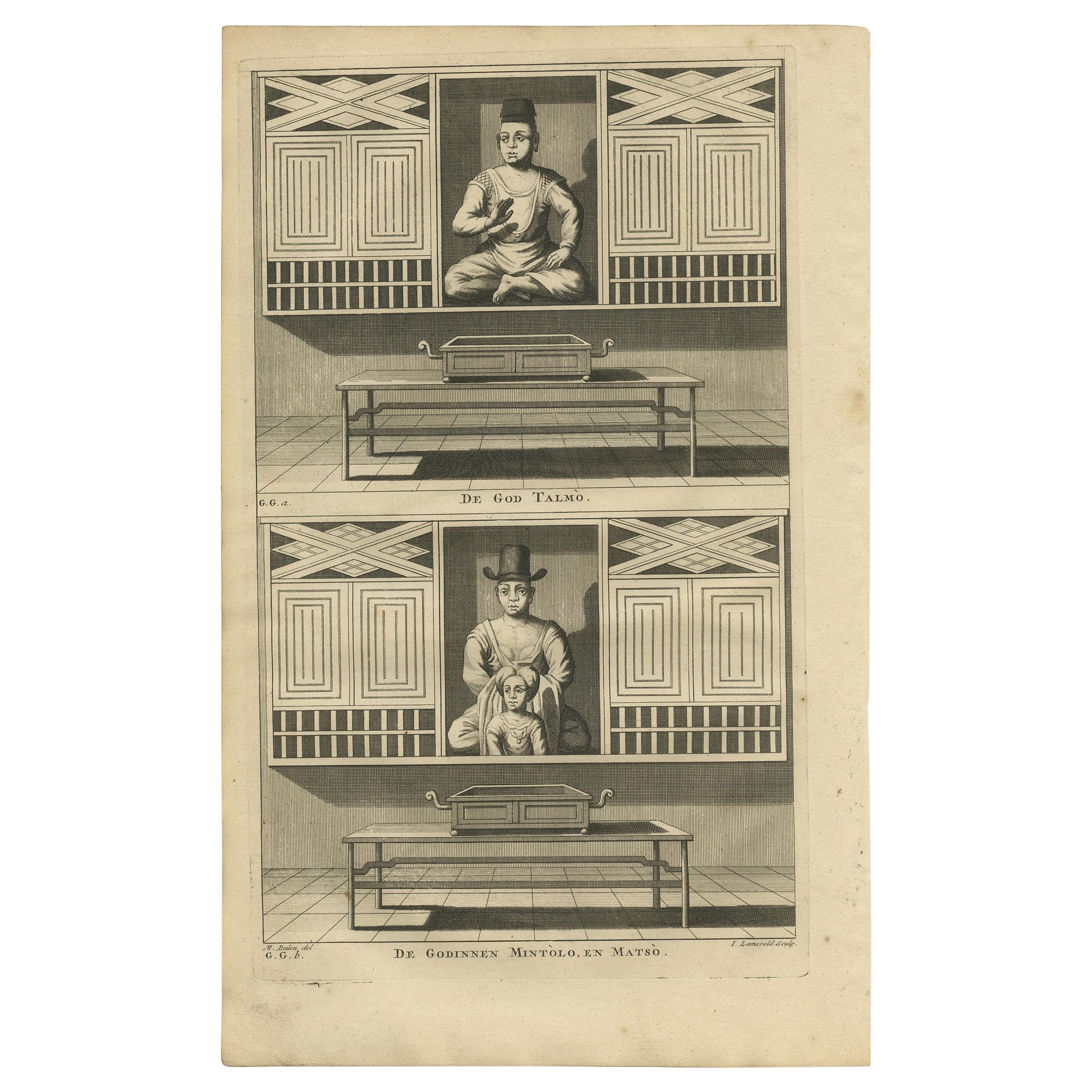 Antiker Druck der Gottheiten des chinesischen Buddhismus von Valentijn, 1726 im Angebot