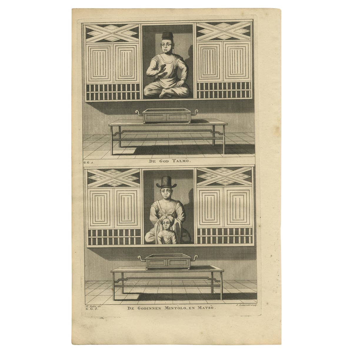 Antique Print of Deities of Chinese Buddhism by Valentijn, 1726