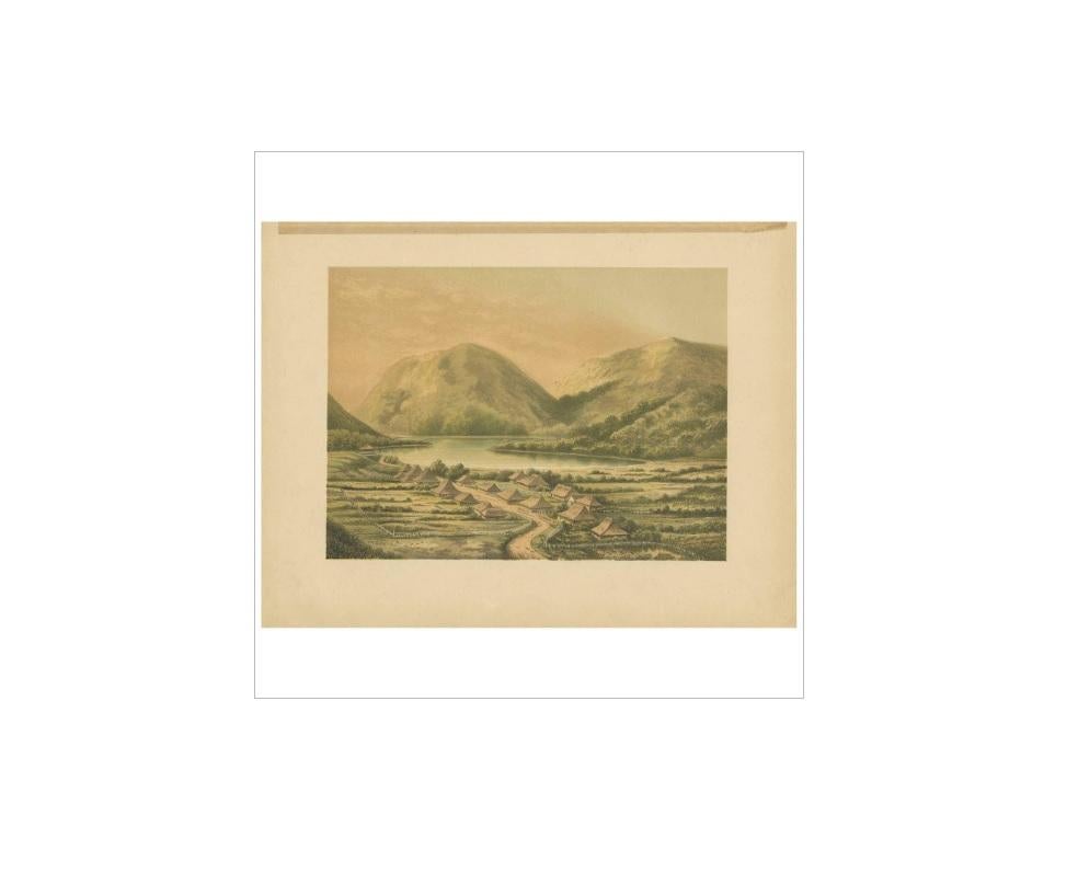 Antique print of Desa Simpoengan on lake Telaga Tjeboeng on Java, Indonesia. In the background the mountains Goenoeng Pakoedjo and Goenoeng Kending. This print originates from 'Het Kamerlid van Berkestein in Nederlandsch-Indie.', (translation: van