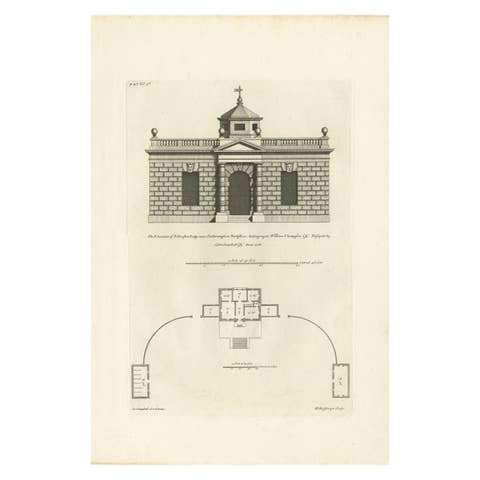 Antique Print of Designs for Ebberston Lodge, Yorkshire, United Kingdom, 1725