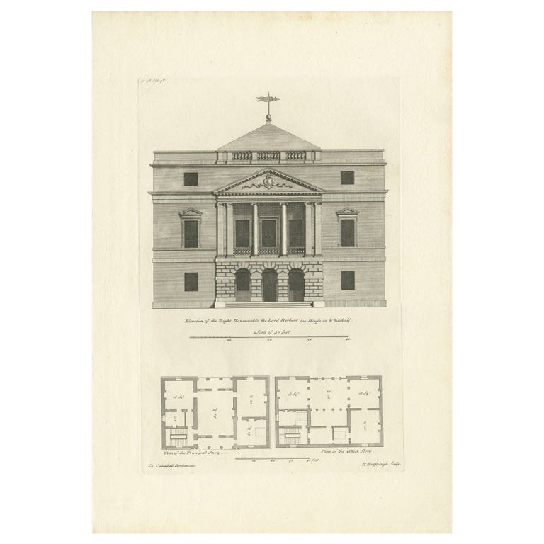 Antiker Druck von Entwürfen für Pembroke House Whitehall, London, England, 1725