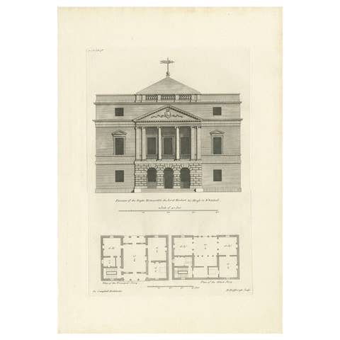 Antique Print of Designs for Pembroke House Whitehall, London, England, 1725