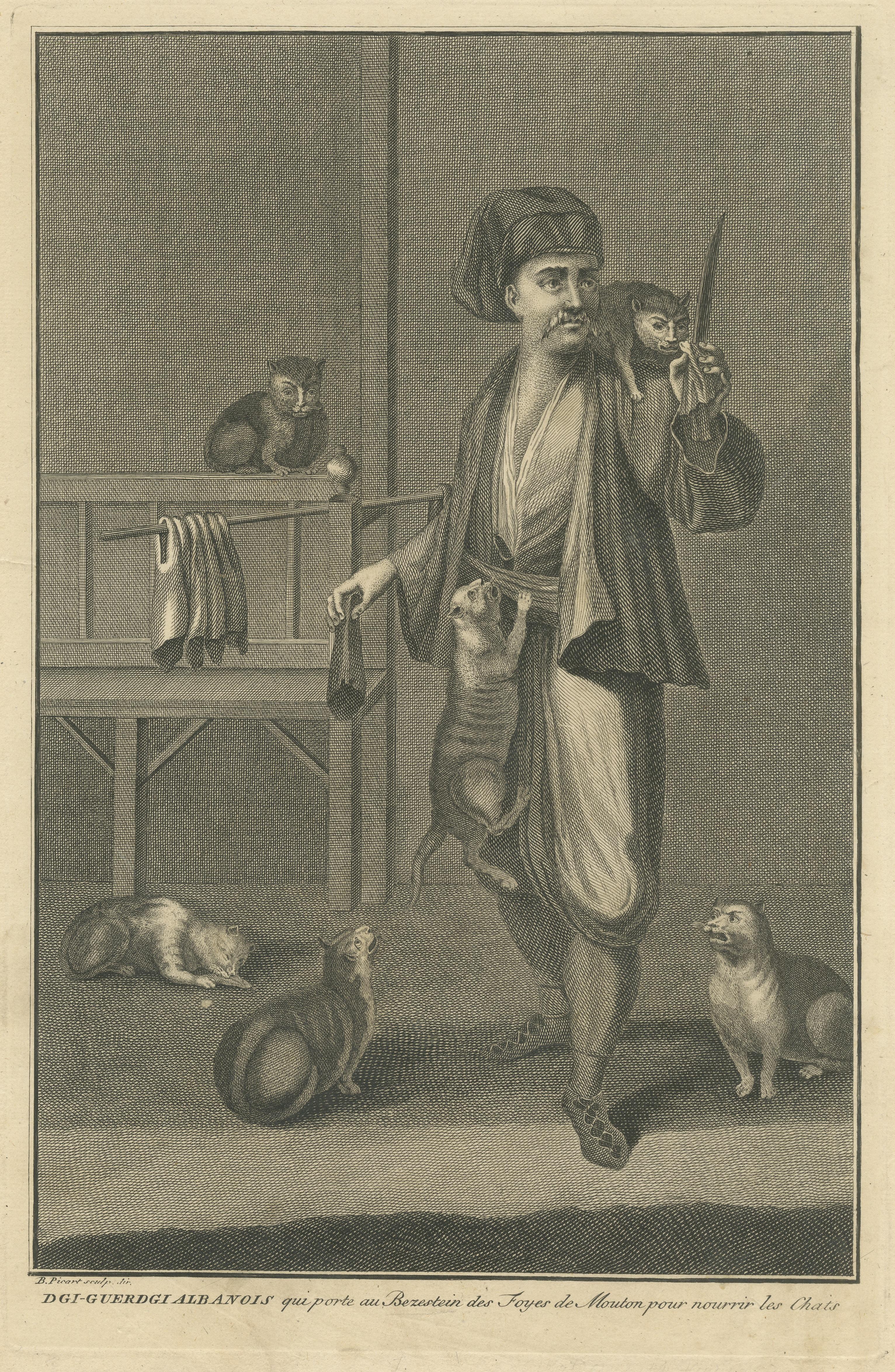 Antique Print of Dgi-Guerdgi feeding Cats in the Bazaar In Good Condition For Sale In Langweer, NL