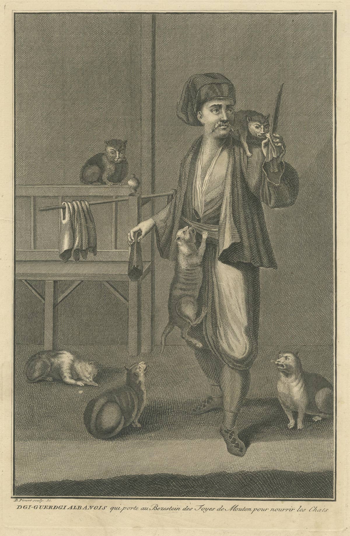 Antique Print of Dgi-Guerdgi feeding Cats in the Bazaar