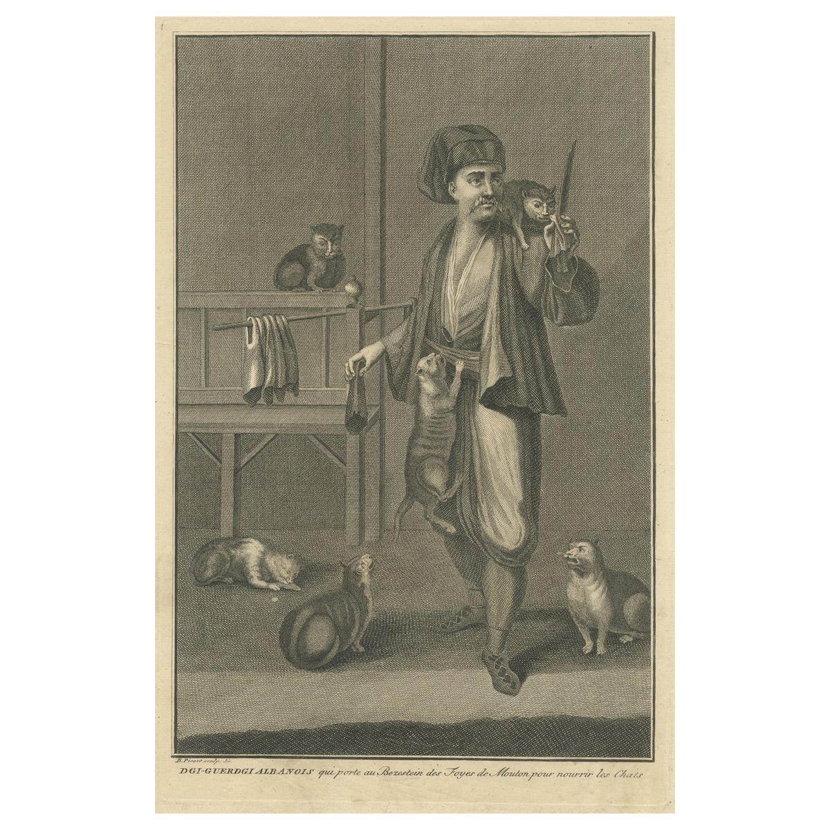 Antique Print of Dgi-Guerdgi feeding Cats in the Bazaar