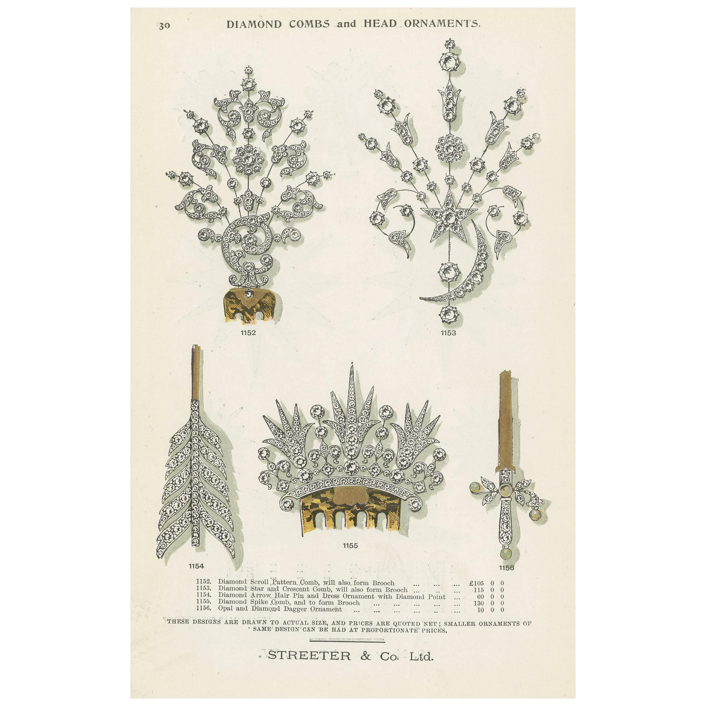 Antique Print of Diamond Combs and Head Ornaments by Streeter, '1898'