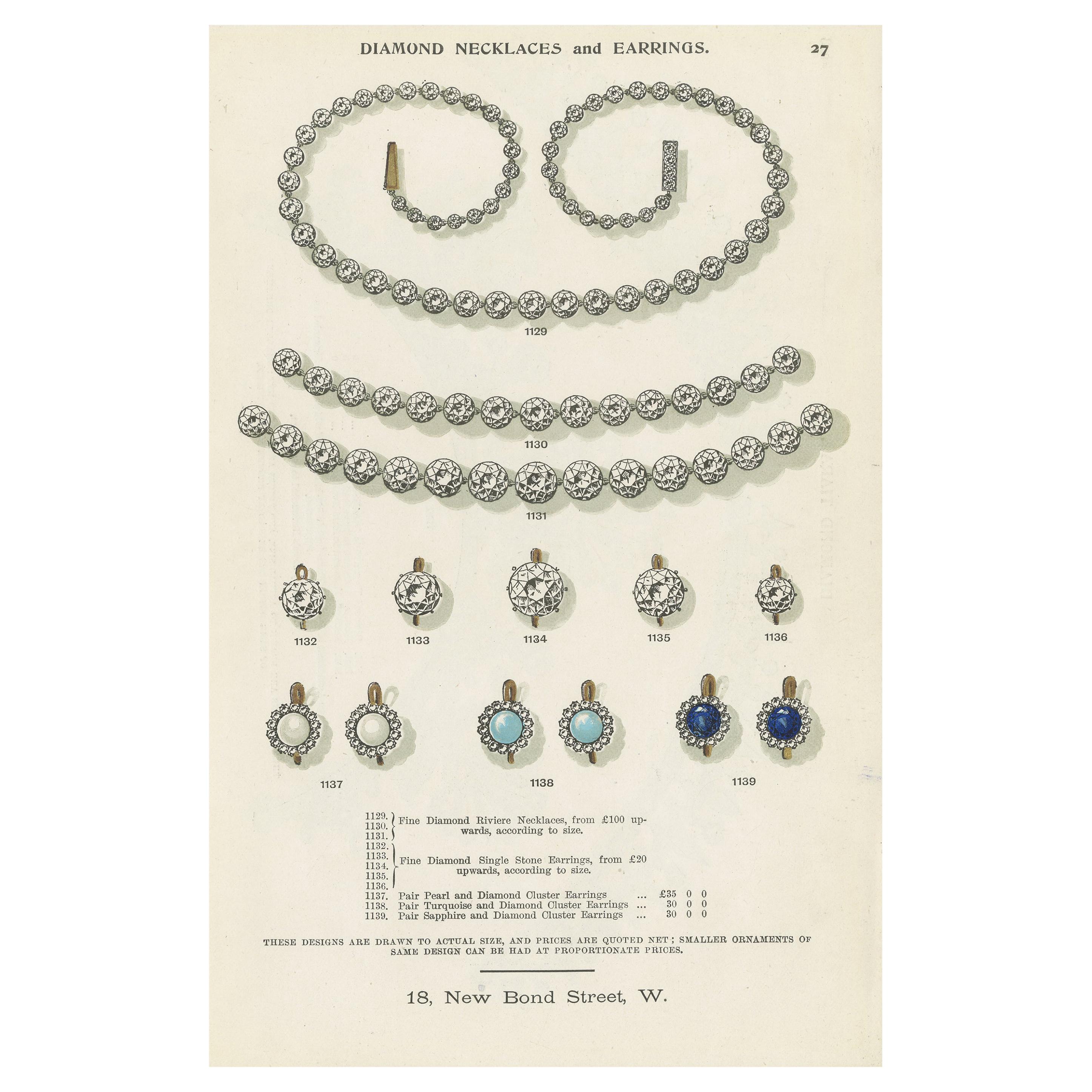 Antique Print of Diamond Necklaces and Earrings by Streeter '1898' For Sale